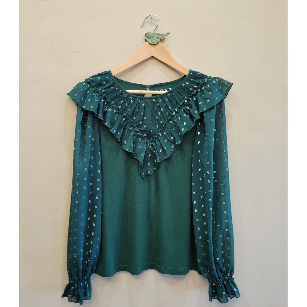 LOFT Green Ruffle Metallic Clip Dot Mixed Media Blouse Top Large Holiday Festive